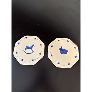 Vintage Set of 2 Stoneware Trivet Wall Hanging Rabbit Rocking Horse Hearts 5.75"
